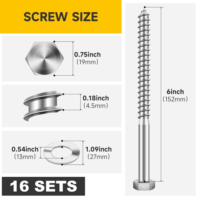 MYWISH (16Sets) 1/2" x 6" Hex Head Lag Bolts, Heavy Duty Lag Screws with Washers, 304 Stainless Steel Bolts 18-8, Lag Screws Wood Screws, Partial Thread Bright Finish, 1/2 Bolt by - Image 2